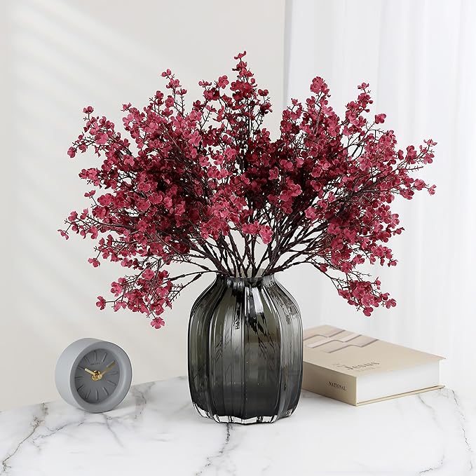 JAKY-Global Babys Breath Fabric Cloth Burgundy Artificial Flowers 6 Bundle European Fake Silk Plants Decor Wedding Party Decoration Bouquets Real Touch DIY Home Garden (Wine Red)
