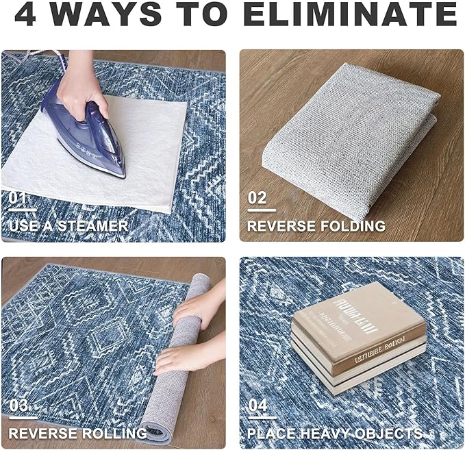 KILOCOCO Boho Entryway Rug 3x5 Area Rug Washable Non Slip Printed Throw Rugs Soft for Kitchen Living Room Dining Bedroom Geometric Moroccan Carpet, Blue