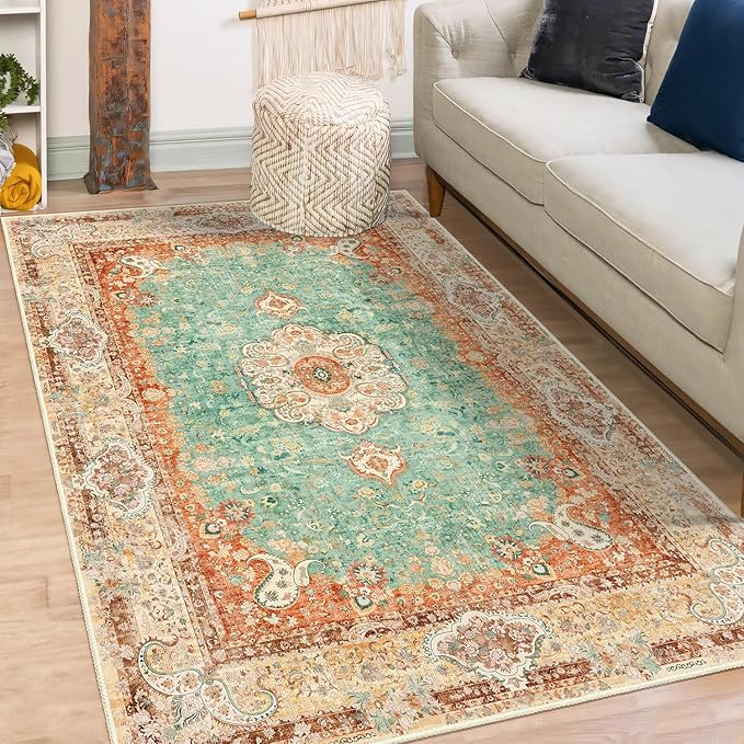 Boho Rug 3x5,Washable Area Rugs for Bedroom Living Room Kitchen Entryway,Small Boho Vintage Bohemian Distressed Farmhouse Non Slip Carpet,Retro Orange Green Floral