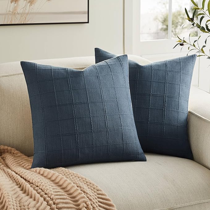 ZeeMart Linen Checked Throw Pillow Covers Set of 2, 18x18 Inch Navy/Cream, Farmhouse Decorative Single Sided Grid Embroidered Couch Pillow Cases Dark Blue Cotton Linen Cushion Covers