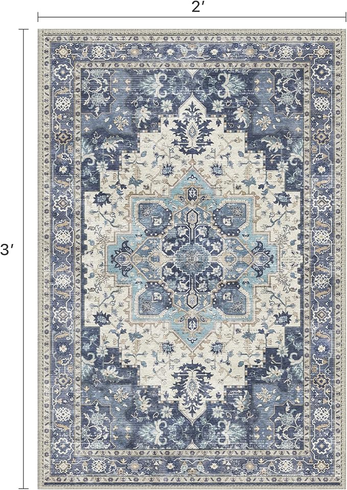 Area Rug 2x3 Doormat, Machine Washable Low Pile Vintage Rugs, Small Lightweight Rug Entryway Indoor Mat for Entrance, Hallway, Kitchen and Corridor, Center Blue