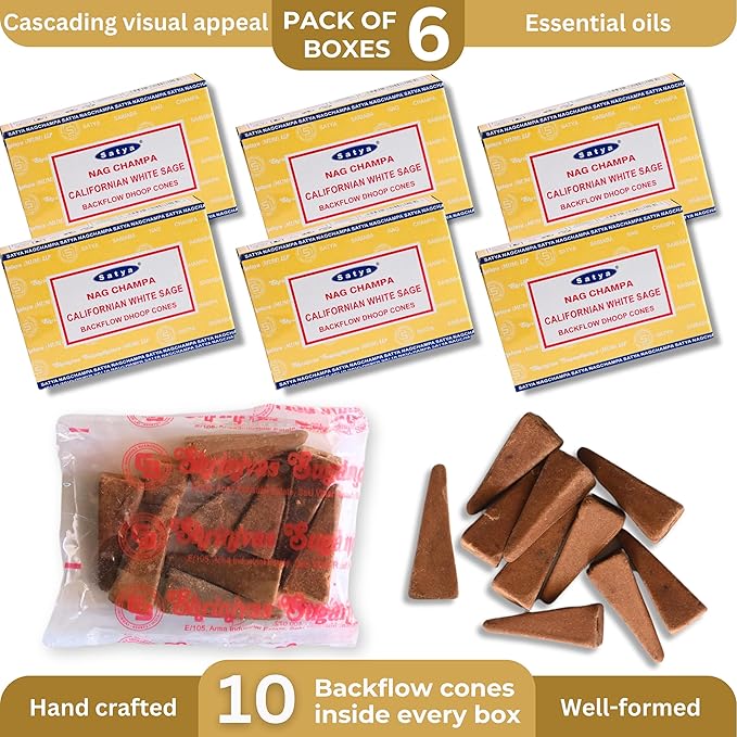 Californian White Sage Backflow Incense Cones for Waterfall Aromatic Smoke Fountain Haze Falls and Mat Bundle - Pack of 6