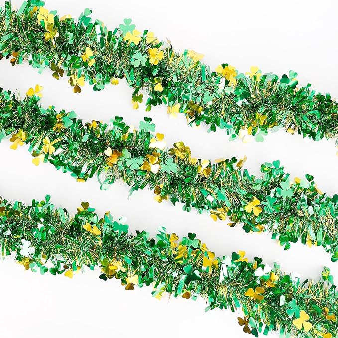 St Patricks Day Garland Decor,50Ft Glitter Tinsel Irish Shamrock Garland Decorations for Tree Mantle Bedroom Office Classroom Party Indoor Outdoor Holiday Home Green Gold