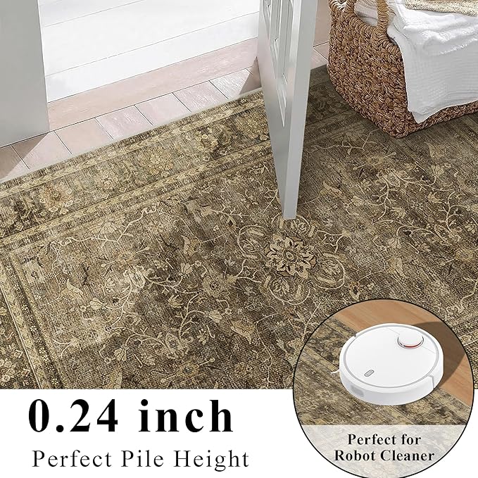 2x6 Runner Rug for Hallways Vintage Distressed Non Slip Long Carpet Floral Boho Distress Print Pattern Mat Lightweight Retro Accent Throw Carpet for Kitchen Bedroom Bedside Laundry Room-Brown ﻿