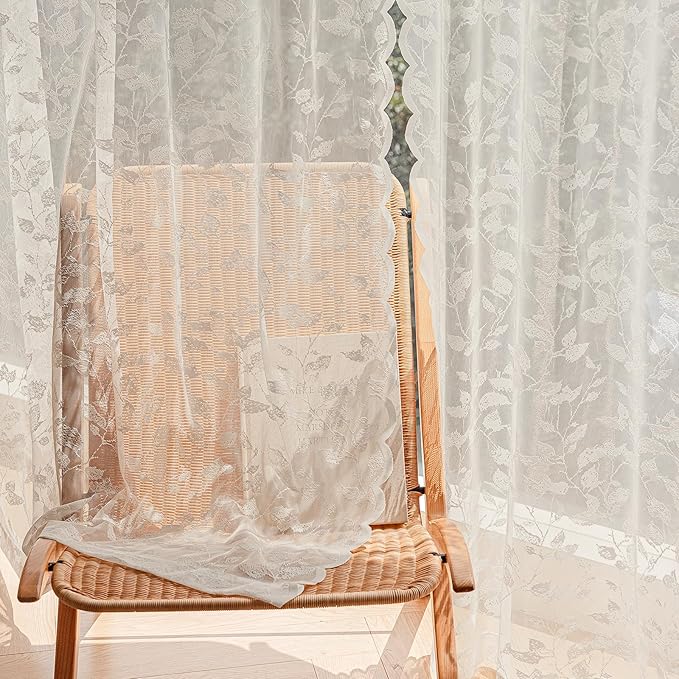 Beige Lace Sheer Curtains – Vintage Leaves Pattern Lace Fall Curtains, Modern Privacy Light Filtering Rod Pocket Window Drapes for Bedroom Living Room, 52W x 54L Inch, 2-Panel Set