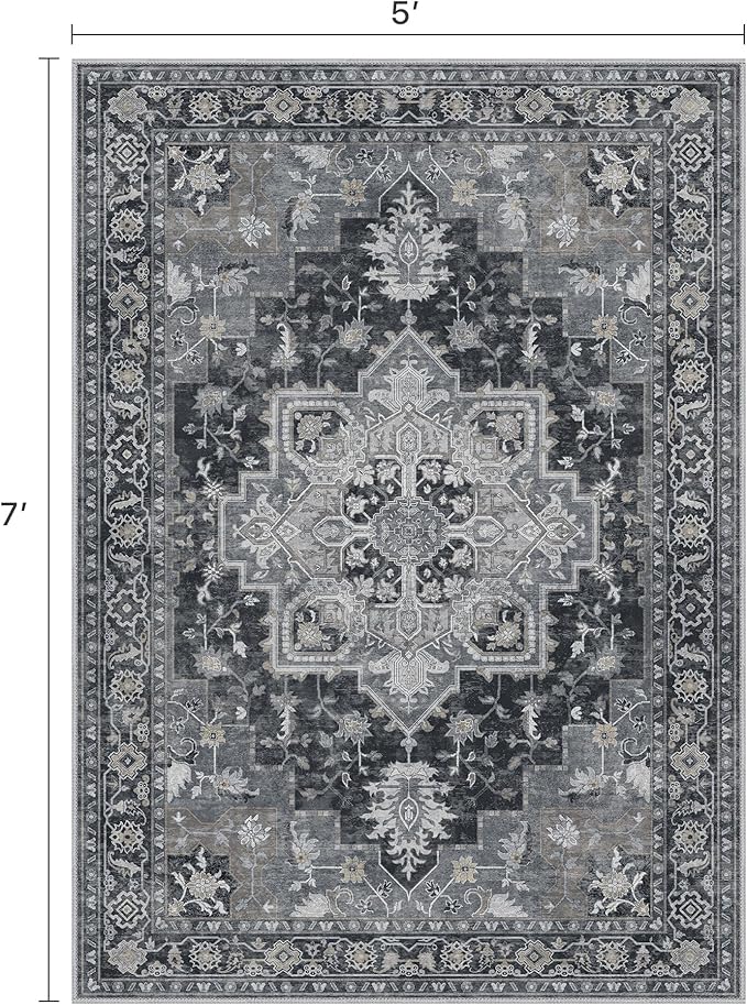 5x7 Area Rugs for Living Room, Machine Washable Rug, Non Slip Vintage Rugs, Low Pile Lightweight Print Rug for Bedroom, Dining Room, Home Office, Dark Gray