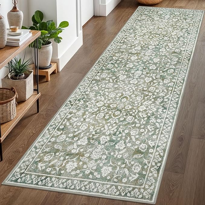 Vintage 3x8 Hallway Rug, Sage Green Beige Washable Hallway Runner Rug Non Slip, Super Soft Kitchen Runner Rug, Print Faux Wool Floral Thin Carpet Runner for Entryway Indoor Bedroom