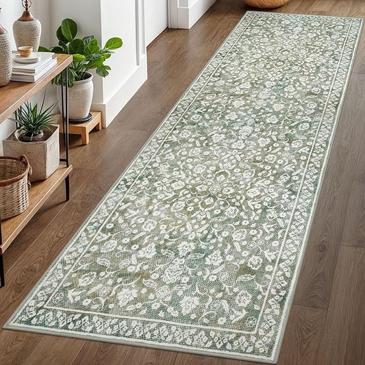 Vintage 3x8 Hallway Rug, Sage Green Beige Washable Hallway Runner Rug Non Slip, Super Soft Kitchen Runner Rug, Print Faux Wool Floral Thin Carpet Runner for Entryway Indoor Bedroom