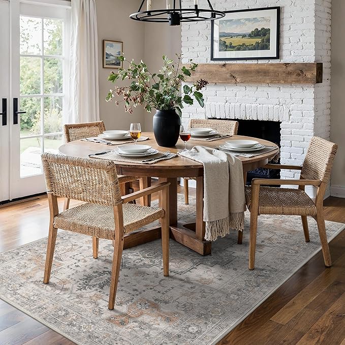 5X7 Area Rugs for Living Room, Machine Washable Non Slip Vintage Rugs, Low Pile Lightweight Print Rug for Bedroom, Dining Room, Home Office, Light Taupe Brown