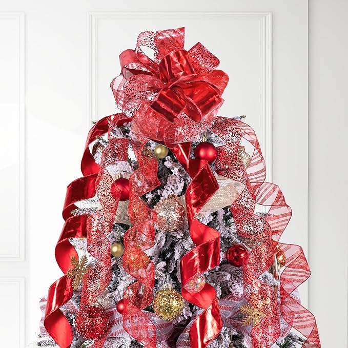 Red Metallic Glitter Topper Bow for Christmas Tree 11 Inch Topper Bow with 6 Ribbons 3 Yards Long Each Tails Christmas Tree Ribbon Bows Elegant Holiday Decor