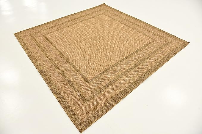 Unique Loom Outdoor Border Collection Area Rug - Multi Border (5' 4" Square, Tan/ Light Brown)