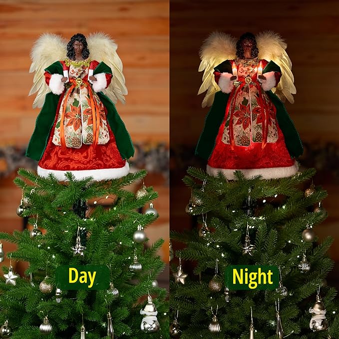 Moving Black Angel Tree Topper with Lights, 12-Inch Red Cloth Lighted African American Decoration Holding Candles, Plug in and Battery Operated, Long Power Cord
