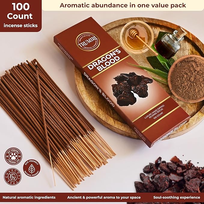 Dragons Blood Incense Sticks - Pack of 100 Insence-Sticks - Made with Natural Non Toxic Incienso De Sangre De Dragón - Scented Insense Spiritual Inscents aka Incents
