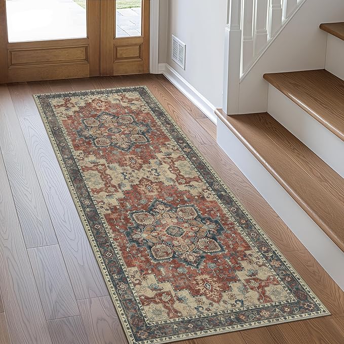 GENIMO 2x8 Runner Rugs for Hallway, Machine Washable Non Slip Vintage Rugs, Low Pile Lightweight Soft Print Rug for enrtyway, Corridor, Home Office, Kitchen, Bordeaux