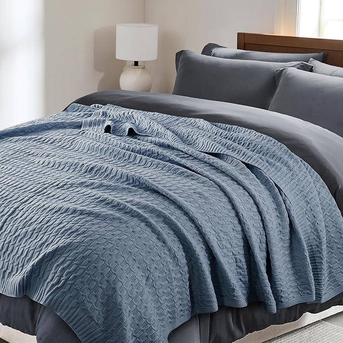 WDCOZY Cable Knit Throw Blanket – Super Soft, Warm & Lightweight Knitted Jacquard Throw Blanket for Couch, Sofa, Bed, Chair, Cozy Texture Farmhouse Decorative Home Blanket, Blue 60x80 inches