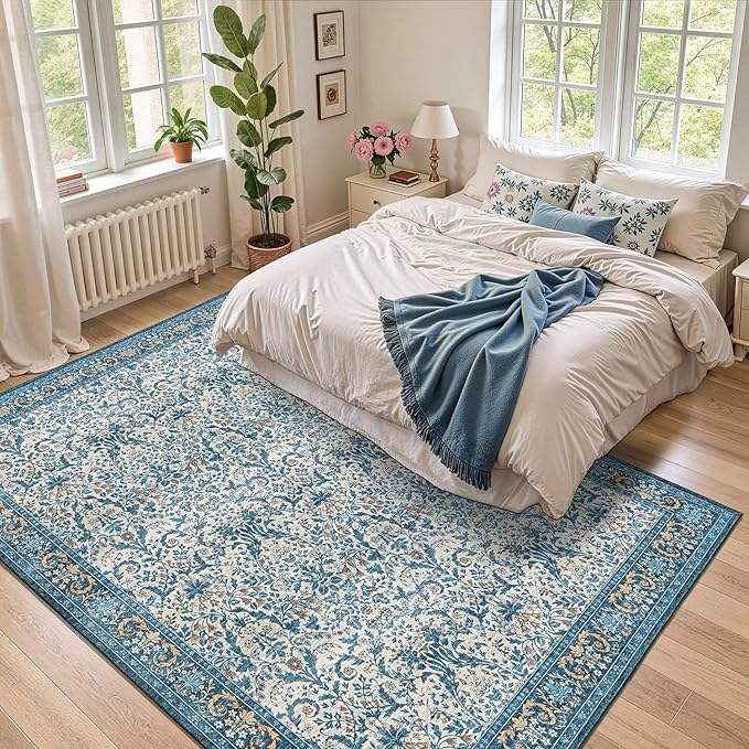 Woaboy Washable 8x10 Area Rug for Living Room Bedroom Dining Room Under Kitchen Table,Non-Slip Low Pile Stain Resistant Soft Large Carpet for Vintage Floral Oriental Home Decor Blue
