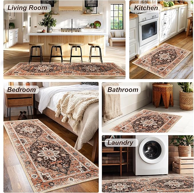 XWZO Runner Rug 2x10ft for Long Hallways, Washable Non-Slip Low Pile Area Rug with Rubber Backing, Spill Resistant Soft Vintage Floor Carpet for Kitchen Entryway Stair Landing Living Room, Brick Red