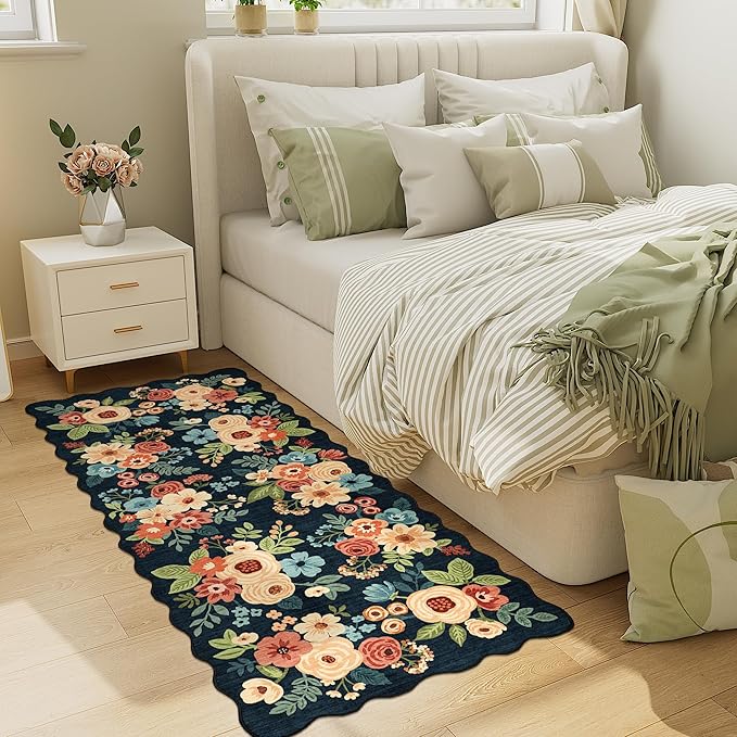 DUKINO 2x5 Washable Runner Rugs, Non Slip Floral Print Entryway Rug with Soft Low Pile, Lightweight Mat for Living Room, Bathroom, Bedroom, Kitchen, Navy Blue
