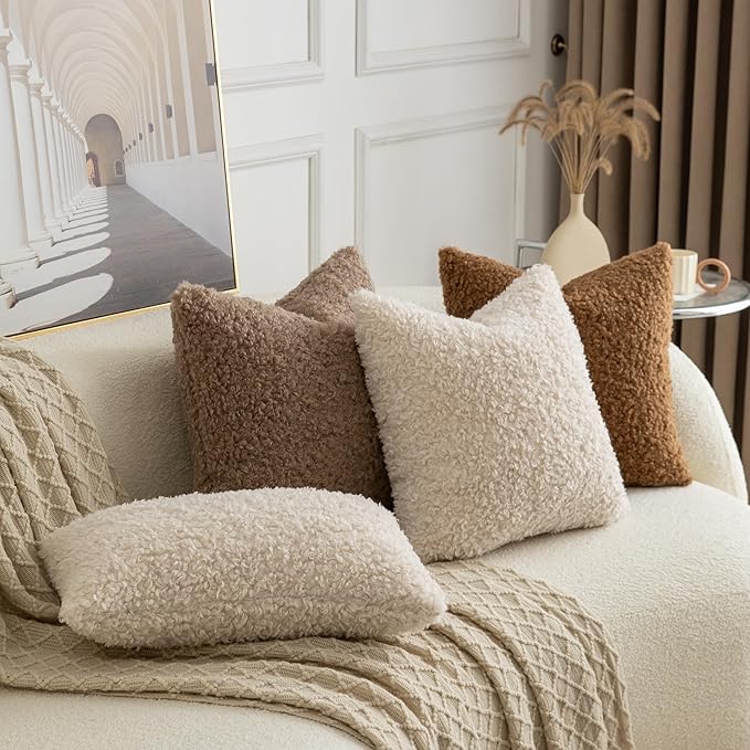 Pack of 2 Curly Teddy Wool Faux Fur Throw Pillow Covers Fuzzy Accent Soft Sherpa Pillowcases Sheepskin Fleece Decorative Cushion Case for Sofa Couch Living Room 22x22 Inch Neutral Light Beige