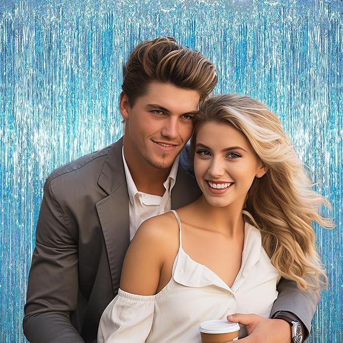 3.3 x 6.6 ft Foil Fringe Backdrop Curtains, Tinsel Streamers Party Decorations, Fringe Backdrop for Birthday, Baby Shower, Gender Reveal, Graduation (3, Light Blue)
