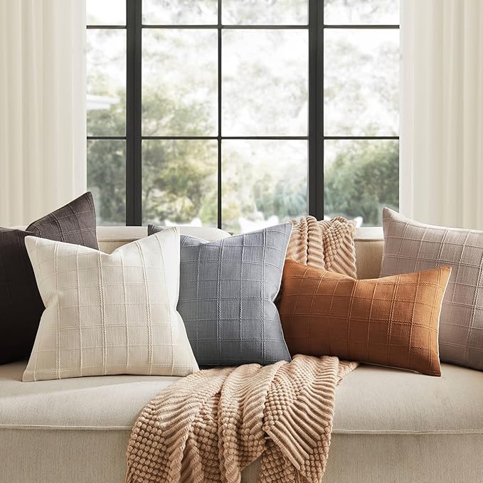 ZeeMart Linen Checked Throw Pillow Covers Set of 2, 18x18 Inch Charcoal/Cream, Farmhouse Decorative Single Sided Grid Embroidered Couch Pillow Cases Dark Grey Cotton Linen Cushion Covers