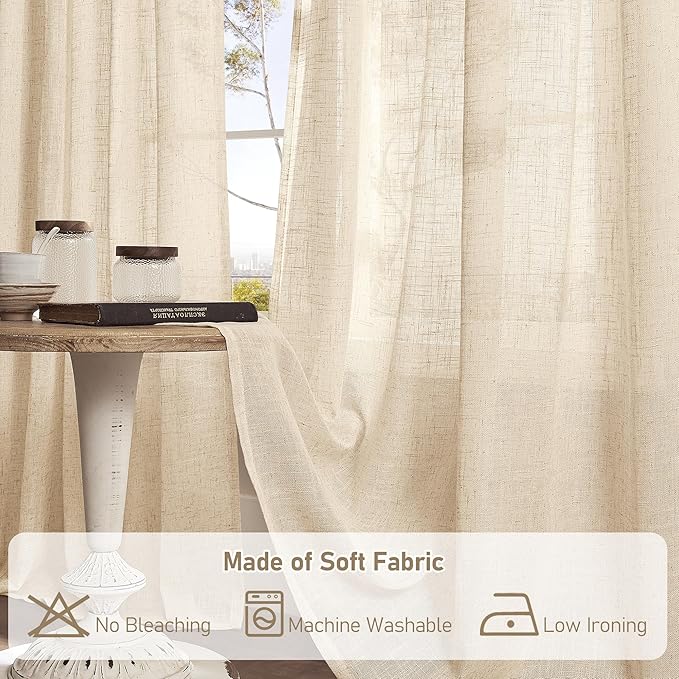 LAMIT Semi Sheer Linen Curtains 45 Inches Long 2 Panels, Light Filtering Panels Back Tab and Rod Pocket Neutral Drapes for Kitchen/Window/Bedroom, 52 x 45 Inch