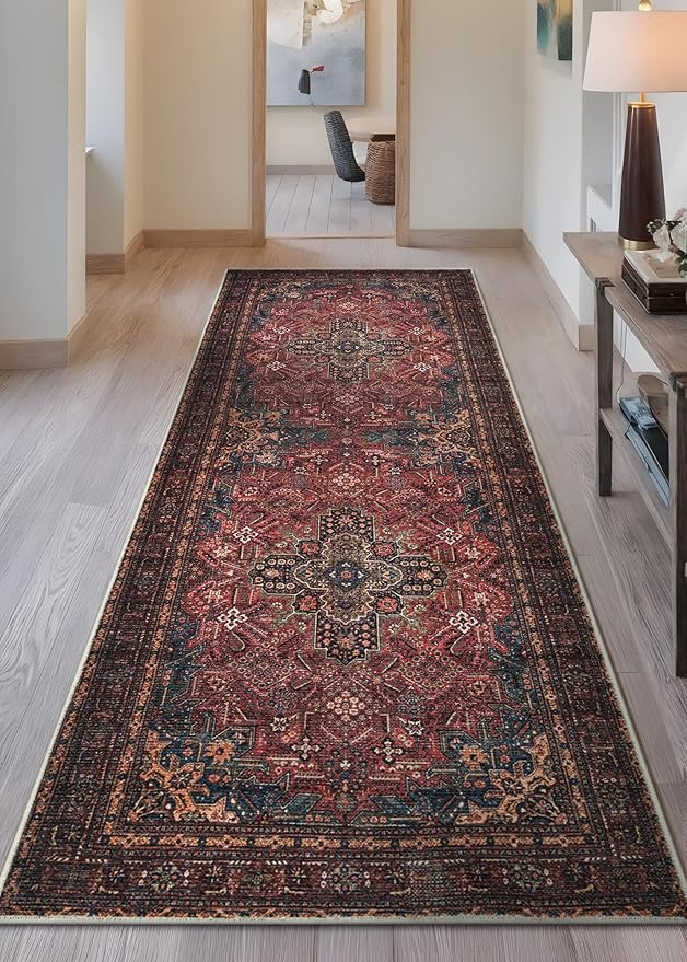 Bloom Rugs Washable Non-Slip 12 ft Runner - Red/Teal Blue/Yellow Traditional Medallion Runner for Entryway, Hallway, Bathroom, and Kitchen - Exact Size: 2.5' x 12'