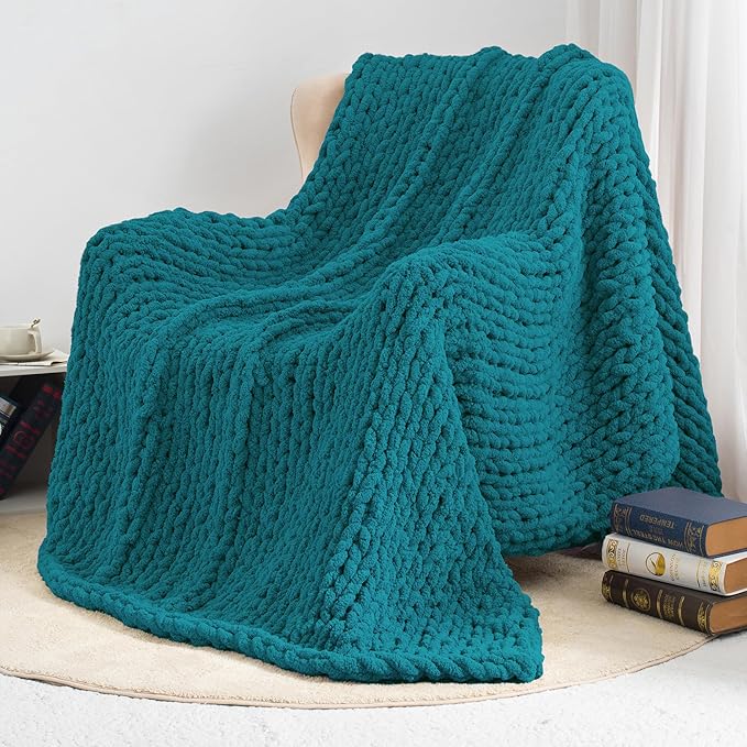 Chunky Knit Throw Blanket 60"X 80", 100% Handmade with Soft Chenille Yarn, 6.7lbs Thick Cable Knitted Blankets, Large Rope Knot Crochet Throws for Couch Sofa Bed Home Decor, Teal