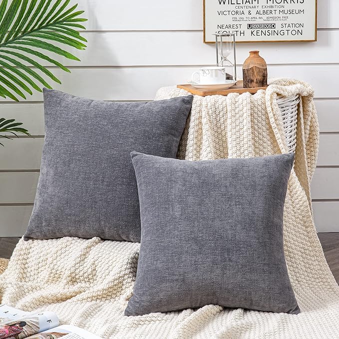 GAWAMAY Decorative Chenille Throw Pillow Covers 24x24 Inch Pack of 2, Soft Square Couch Pillow Cover for Sofa Cushion Living Room Bedroom Solid Dyed Pillowcases Grey 60x60cm (ONLY Covers)
