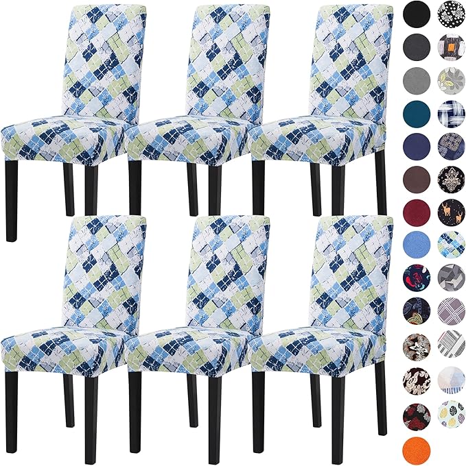 Sufdari Dining Chair Covers,Kitchen Chair Cover,Parsons Chair Slipcover,Spandex Chair Protectors for Dining Room Stretch Chairs Cover Set of 6 -Green Blue Plaid