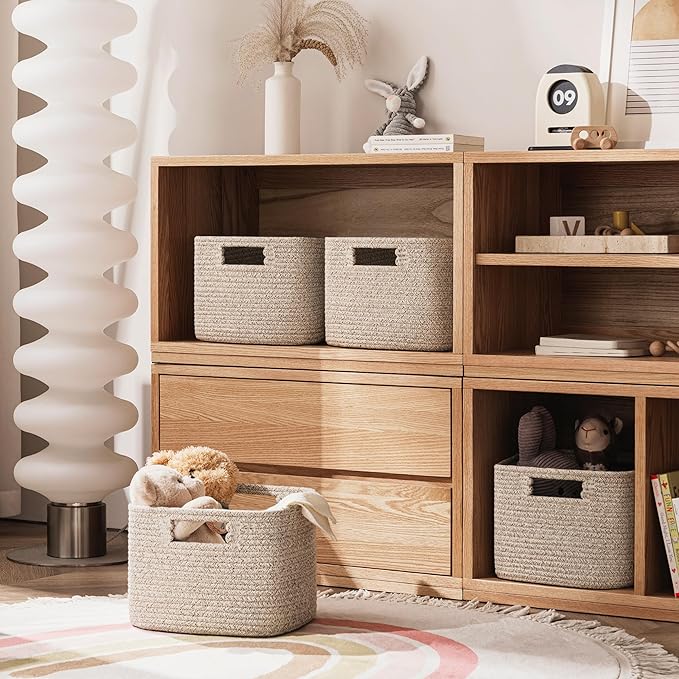 UBBCARE Storage Cubes 4 Pack, 11x 11x 7.8 Cube Storage Bin with Handles, Cotton Rope Baskets for Organizing, Woven Baskets for Shelf, Baby Nursery, Toy Storage, Closet, Classroom, Mix-Brown