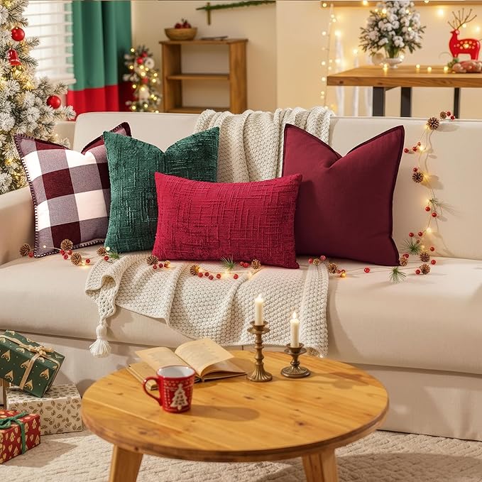 decorUhome Christmas Red Chenille Throw Pillow Covers 12x20 Set of 2 Thick Textured Slubby Couch Pillow Covers Farmhouse Accent Modern Neutral Decorative Pillow Cases for Bed Sofa Living Room