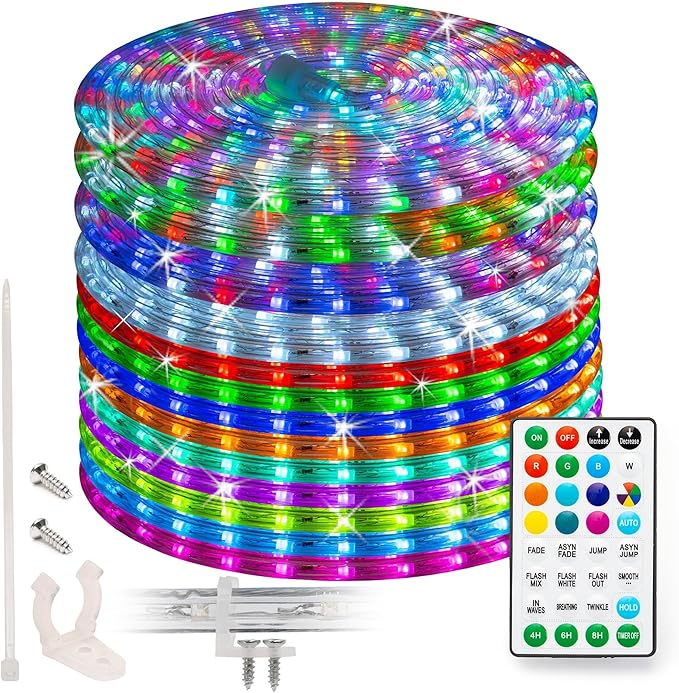 WYZworks 50 ft 576LEDs, 10 Color Changing Outside Rope Light 12-Modes w/Remote Controller, Outdoor ETL Certified Weatherproof Permanent 360 Degree Flexible Bend & Light Emitting Accent Lighting