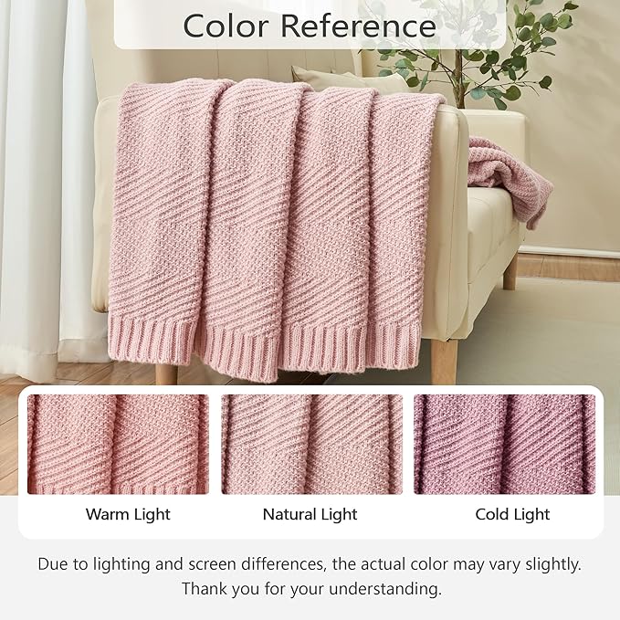 Knitted Throw Blanket 50"X60", Dusty Pink Knit Throws for Bed, Super Soft Boho Chevron Blankets for Couch Sofa Chair Room Decor, Textured Decorative Farmhouse Cozy Lightweight