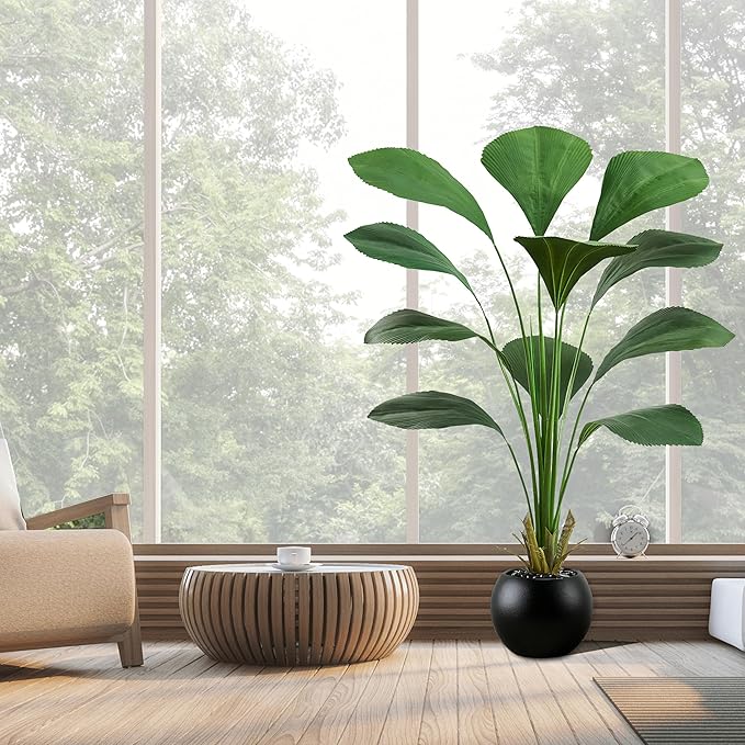 Artificial Sumatra Palm Tree: 5FT Fake Licuala Fan Palm Tree Faux Tropical Plant Realistic Tall Floor Plant in Black Egg-Shaped Pot for Home Living Room Office Decor Patio Hotel Indoor Outdoor