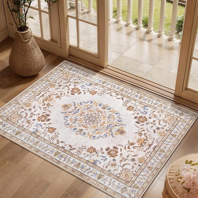 Tangsoo 2x3 Small Rug for Entryway, Washable Area Entry Rugs Non Slip, Persian Neutral Low Pile Soft Area Rugs, Indoor Front Door Boho Throw Rug for Entrance Kitchen Bedroom Bathroom Home Decor