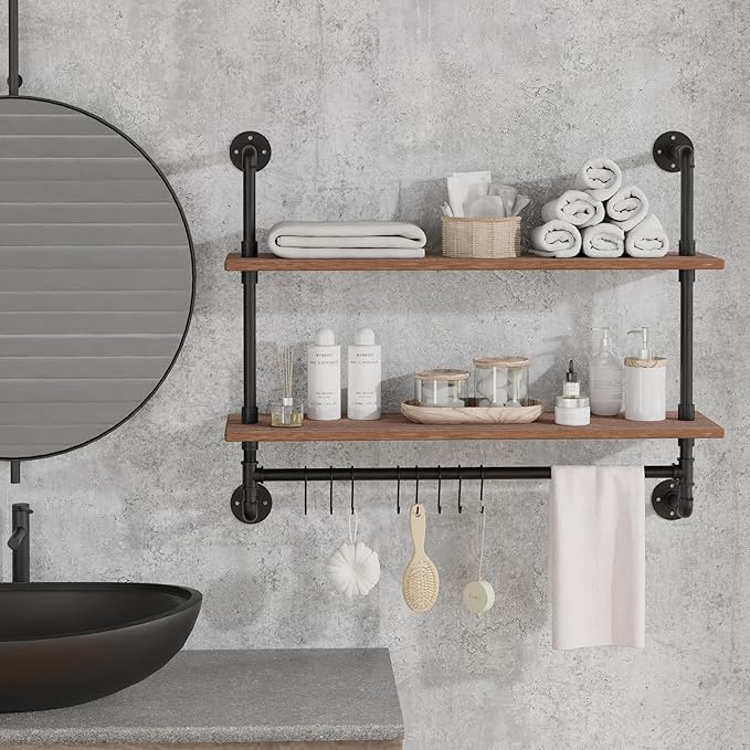ROGMARS Industrial Pipe Shelving Bathroom Shelves with Towel bar, 30 in Rustic Floating Shelves Pipe Wall Shelf with Hooks for Living Room,Kitchen