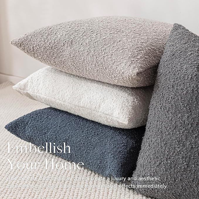 Foindtower Pack of 2 Textured Boucle Throw Pillow Covers Accent Solid Decorative Lumbar Pillow Cases Cozy Woven Couch Cushion Case for Sofa Bedroom Living Room Home Decor, 12 x 20 Inch,Neutral Grey