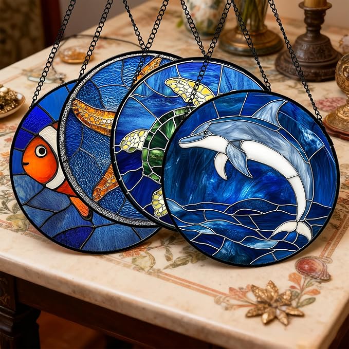 Stained Glass Window Hanging 4 Pcs Set Blue Ocean Turtle Dolphin 6.3" - Marine Life Suncatcher Garden Sun Catcher Decor Birthday Mother's Day for Mom Woman Nana Men