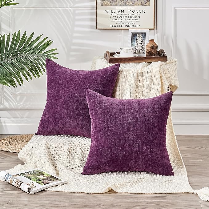 GAWAMAY Decorative Square Throw Pillow Covers 22x22 Inch Set of 2, Super Soft Chenille Pillows Farmhouse Fall Pillowcase for Living Room Bedroom Sofa Couch Cushion Cover Purple 55x55cm (No Insert)