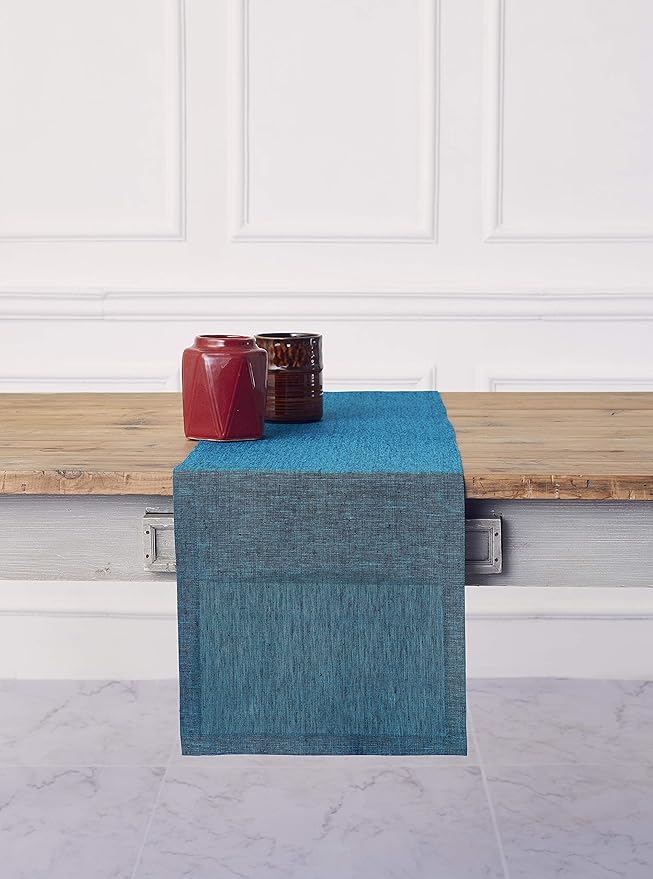 Solino Home Linen Table Runner 144 Inches Long - Athena, 100% Pure Linen Chambray Teal 14 x 144 Inch Table Runner for Dining, Spring, Easter, St Patricks Day
