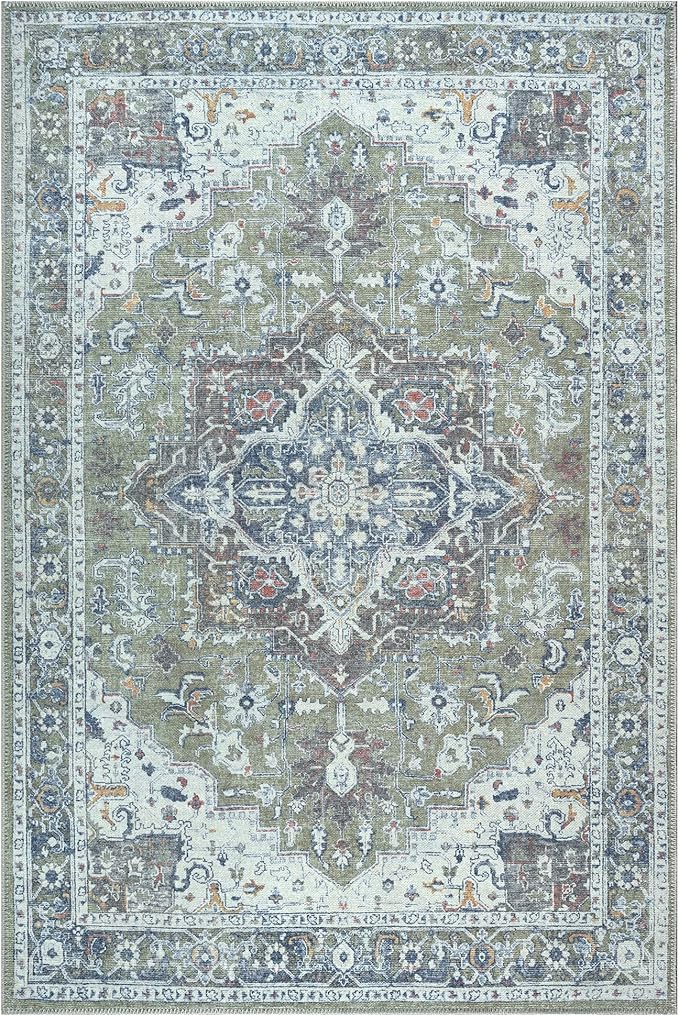 Bloom Rugs Washable Non-Slip 5' x 7' Rug - Green/Blue Traditional Medallion Area Rug for Living Room, Bedroom, Dining Room, and Kitchen - Exact Size: 5' x 7'