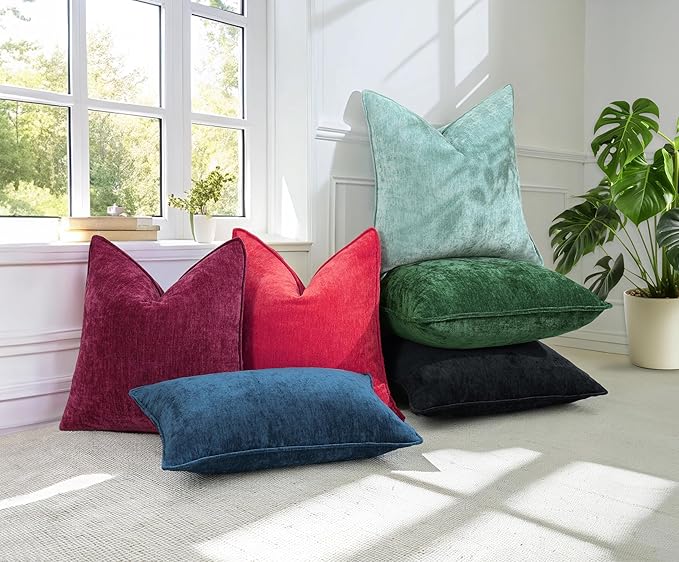 decorUhome Christmas Couch Throw Pillow Covers 12x20 Set of 2, Decorative Soft Euro Velvet Neutral Chenille Lumbar Pillow Covers with Elegant Design for Sofa Bed Living Room Home Decor, Green
