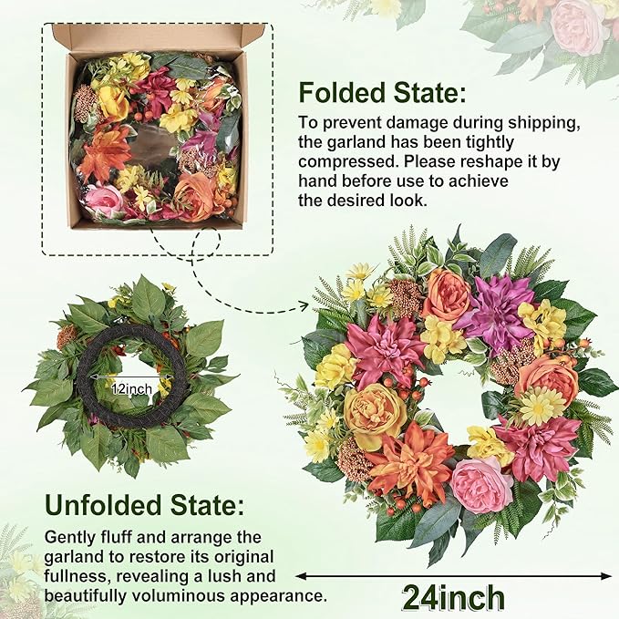 24 Inch Spring Wreath for Front Door with Roses Dahlias Silk Flowers with Berry Greenery for All Seasons Indoor Outdoor Porch Wedding Wall Farmhouse Porch Wall Living Room Home Widding Decor