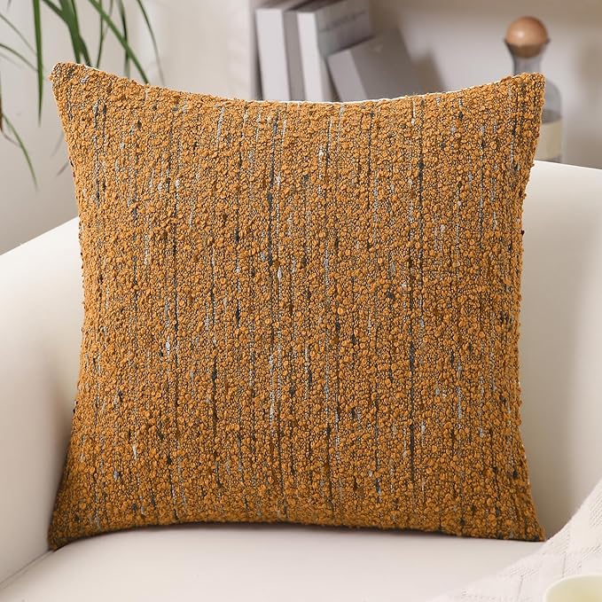 Textured Boucle Pillow Covers 24x24 Neutral Striped Throw Pillows Soft Modern Farmhouse Pillow Cases, 1pc Decorative Accent Square Couch Cushion Cover for Bed Sofa Chair, Dark Yellow