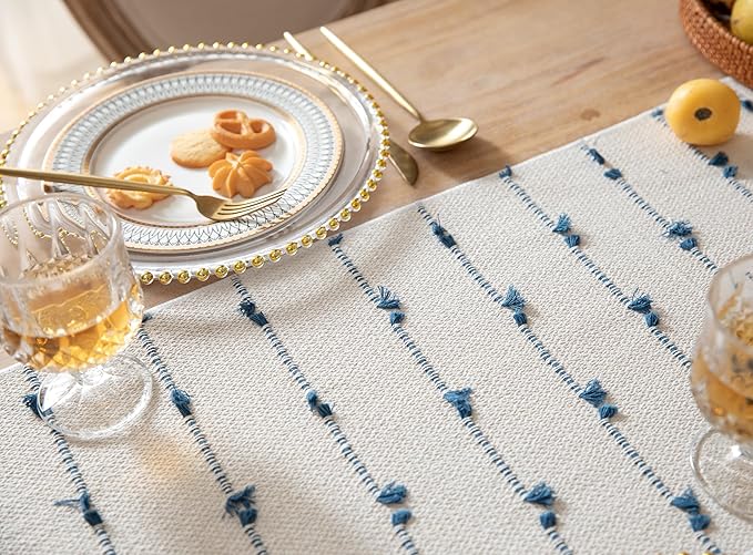 Caflife Boho Table Runner 72 Inchs Long for Modern Farmhouse Room Home Decor, Blue and Beige Coffee Table Runner, Natural Cotton Woven with Tassels Neutral, for Kitchen Dining Table Decor