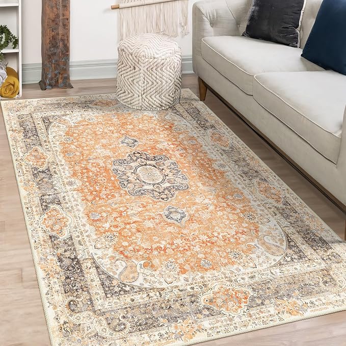 Boho Rug 3x5,Washable Area Rugs for Bedroom Living Room Kitchen Entryway,Small Vintage Bohemian Farmhouse Distressed Non Slip Carpet,Retro Orange Grey Floral