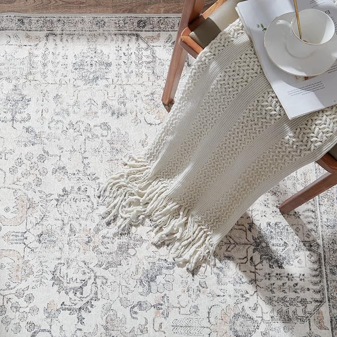 jinchan Kalen Area Rug 4x6 Washable Bedroom Rug Vintage Indoor Thin Floor Cover Retro Accent Mat Distressed Gray Floral Country Boho Non Slip Carpet for Living Room Kitchen Dining Room Office Grey