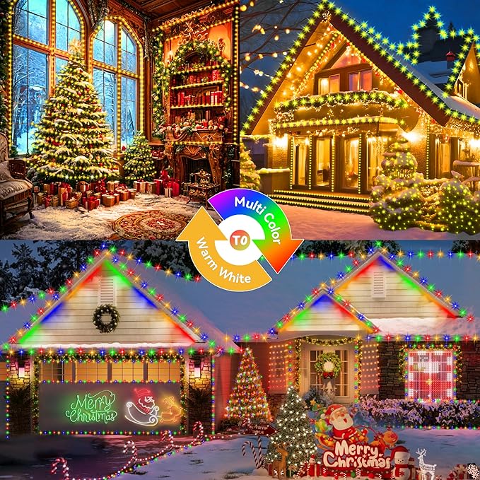 KNONEW Christmas Lights Outdoor 300 LED 99FT Green Wire Color Changing String Lights with 11 Modes & Timer Dimmable Fairy Light for Xmas Tree Roof Yard Wedding Decorations(Warm White to Multicolor)
