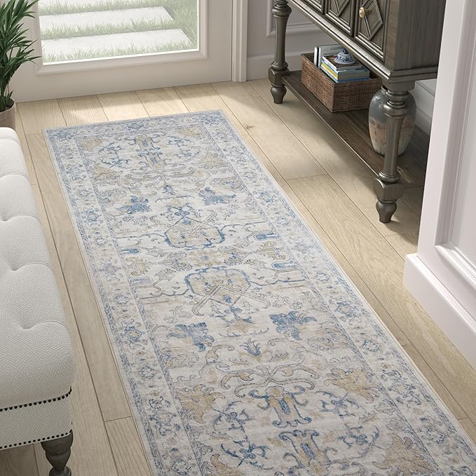 jinchan Runner Rug 2x5 Machine Washable Hallway - Vintage Floral Non-Slip Low-Pile Soft Ultra-Thin Kitchen Rug Distressed Carpet Runner for Farmhouse Bedroom Entryway Laundry Room(2x5ft, Blue)